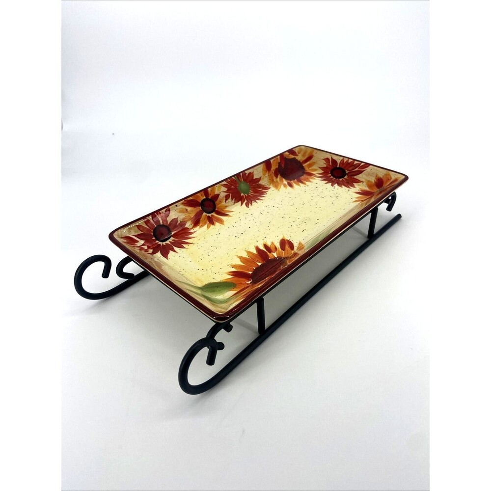 Pfaltzgraff Evening Sun Sled Server Rectangle Tray and Iron Stand Sunflowers 11"
